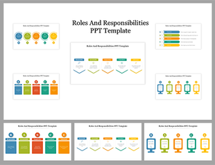 Five-step roles and responsibilities slide deck with additional slide designs featuring icons and lists on the sides.