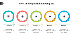 Horizontal layout with five circular icons in vibrant colors, each labeled with captions and text below.