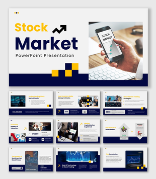 Stock Market PowerPoint slides with blue yellow theme, trading charts, stock graphs, and financial analysis layouts.