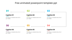 Animated template with six colorful numbered captions in teal, green, blue, red, orange, and purple, with connecting arrows.