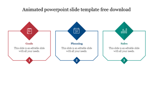 Three column layout featuring red, blue, and green diamond-shaped icons with corresponding text boxes below.