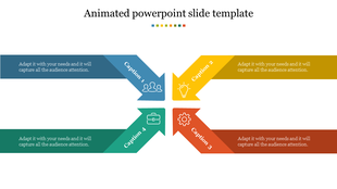 Animated slide with four colorful arrows in blue, yellow, red, and green, pointing inward with various icons.