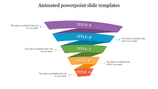 Animated PowerPoint slide featuring a colorful funnel with five sections labeled Title A to E with placeholder text.