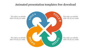 Interconnected four part circular arrow diagram with titles A through D and surrounding  placeholders text areas.