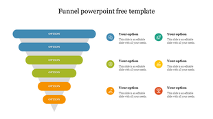 Six step funnel diagram with rounded colored bars tapering downward, aligned with matching icons and text sections.