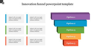 Funnel chart featuring five stacked blocks in purple, blue, green, orange, and red, with text placeholders next.