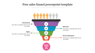 Colorful sales funnel PowerPoint template illustrating customer journey from awareness to new customers with icons.