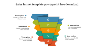 Funnel template with five segments in blue, green, orange, teal, and red, each featuring an icon and text sections.