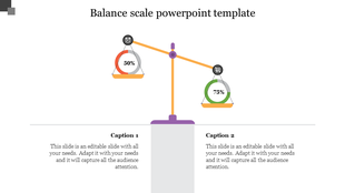 Balance scale infographic slide depicting two items weighed at different percentages with text areas.