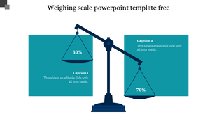 Weighing scale slide with one side labeled 30% and the other 70%, featuring two caption areas on a teal backdrop.