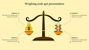 PowerPoint slide showing a weighing scale with a bag of money on one side and stacked blocks on the other.