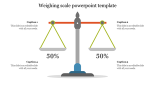 Balanced weighing scale Featuring green triangular holders with percentage and four captions around it.