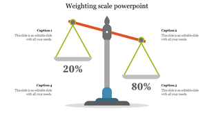 Illustration of a balance scale showing 20% and 80% weights, with editable caption boxes in each corner of the white slide.