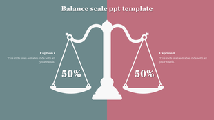 White balance scale with 50% weights on each side, against a split background in green and red, with captions.