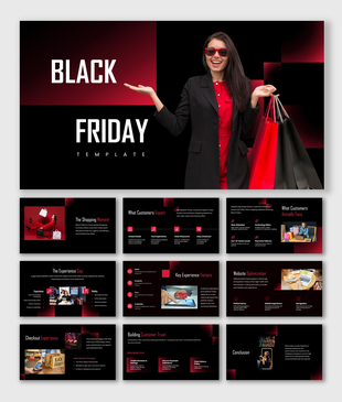 Black friday PPT with bold black red theme, shopping visuals, charts, and structured layouts for sales strategy insights.