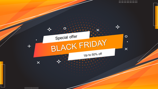 Black friday sale banner with orange and dark gradients, featuring text highlighting special offers.