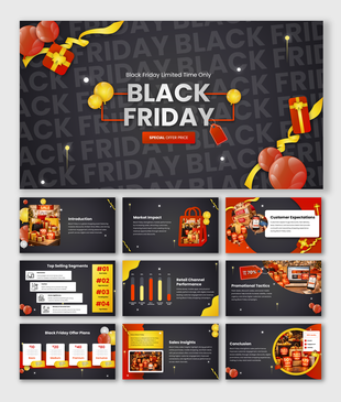 Black Friday presentation slides featuring festive discounts, promotional offers, sales trends, insights, and visuals.