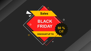 Black friday sale graphic with discount message on a red diamond and yellow geometric details, against a dark backdrop.