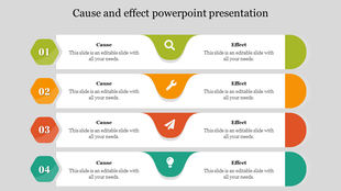 Slide with four sections displaying causes on the left and effects on the right with icons and placeholder text.