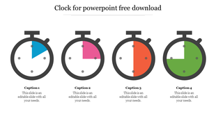 Clock PowerPoint slide featuring four stopwatch icons with different colored segments, illustrating time progression.