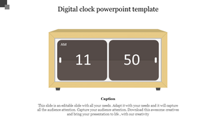 Digital clock graphic with wooden frame showing 11:50 AM, centered above a placeholder text areas on a white background.