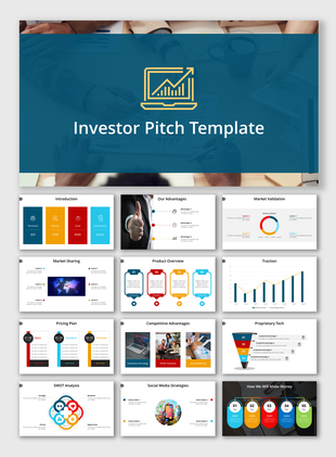 Investor pitch slide deck featuring charts, graphs, and text elements in vibrant and professional layouts.