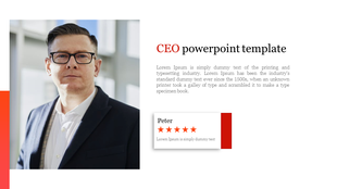 CEO template featuring a professional man with a rating box displaying five stars and text sections, with orange accents.