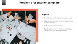Problem-solving slide showcasing a workspace filled with documents, markers, and teamwork in action.