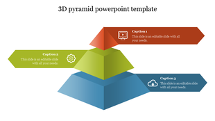 3D pyramid with three stacked layers in red, green, and blue, each labeled with caption text and icons pointing outward.