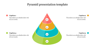 Four colorful layered 3D pyramid presentation slide with numbered sections and captions on each side on a white backdrop.