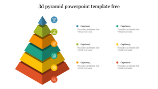A colorful 3D pyramid slide displaying six layers with various icons representing different categories with captions.