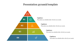 Colorful pyramid template with four stacked sections, each split into two blocks showing numbers, icons, and text captions.