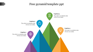 Colorful pyramid PowerPoint template with four peaks, each labeled with captions and icons on a white backdrop.
