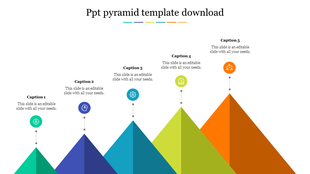 Slide with five ascending pyramids in different colors, each connected to a top label with icon and caption text.