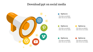 Social media slide featuring a large megaphone icon with various icons around it and options on the side.