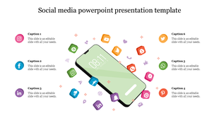 Social media slide featuring a tilted phone, floating app icons, and six caption icons aligned in pairs on left and right.