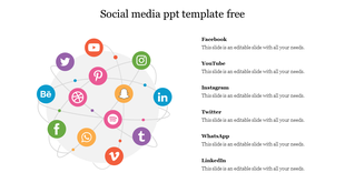 A colorful social media infographic with icons arranged in a network pattern, displaying platforms with text details aligned.