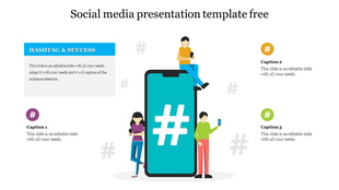 Social media slide showing three people with phones around a large hashtag on a smartphone, with caption icons on both sides.