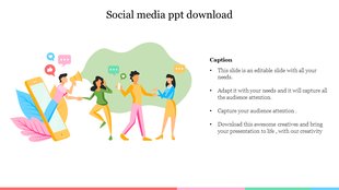 Creative slide with social media interaction symbols and characters holding a phone and megaphone with captions.
