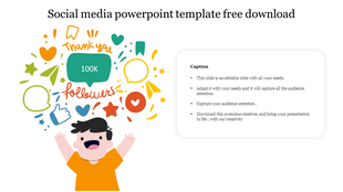 Social media slide with illustrated person celebrating 100K followers, surrounded by icons, and caption box on the right.