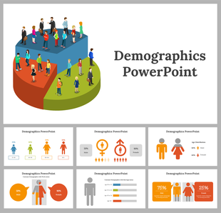 Demographic themed slides with various charts and icons to visualize population statistics, including male and female ratios.