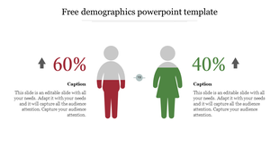 Demographic comparison PowerPoint slide showing a male figure with 60  in red and a female figure with 40 percent in green.