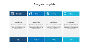Analysis PPT slide featuring four blue categories Events, Ads, Tools, and Ideas, with analysis sections for each day.
