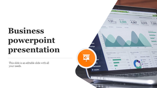 Split layout slide with bold business title on the left and a laptop showing graphs, charts, and metrics on the right.