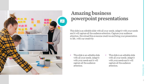 Business presentation slide with a group working together on a computer screen with colorful sticky notes, alongside text.