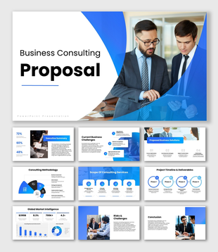 Business Consulting Proposal slides, blue corporate theme, charts, icons, infographic shapes, text layouts.
