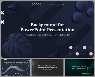Dark themed PowerPoint background slides with geometric and abstract elements, featuring a motivational quote in the center.