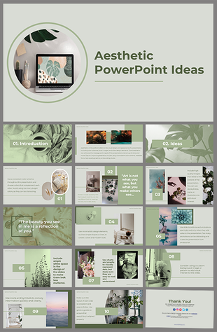 Aesthetic PowerPoint slide deck with soft green tones, featuring photos and text based sections for introduction and ideas.