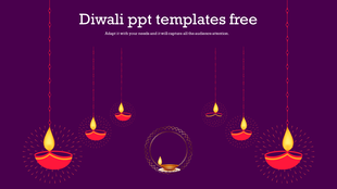 Diwali slide with hanging oil lamps and a central diya on a rich purple background.