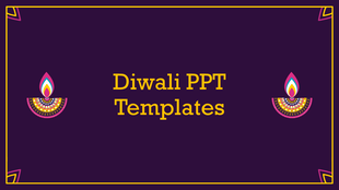 Diwali PowerPoint template with a decorative lamp and a purple background featuring golden text.